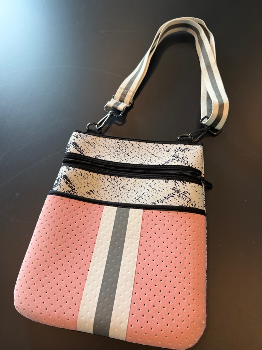 Casual Pink & Gray Crossbody Bag waterproof with Stripe Detail